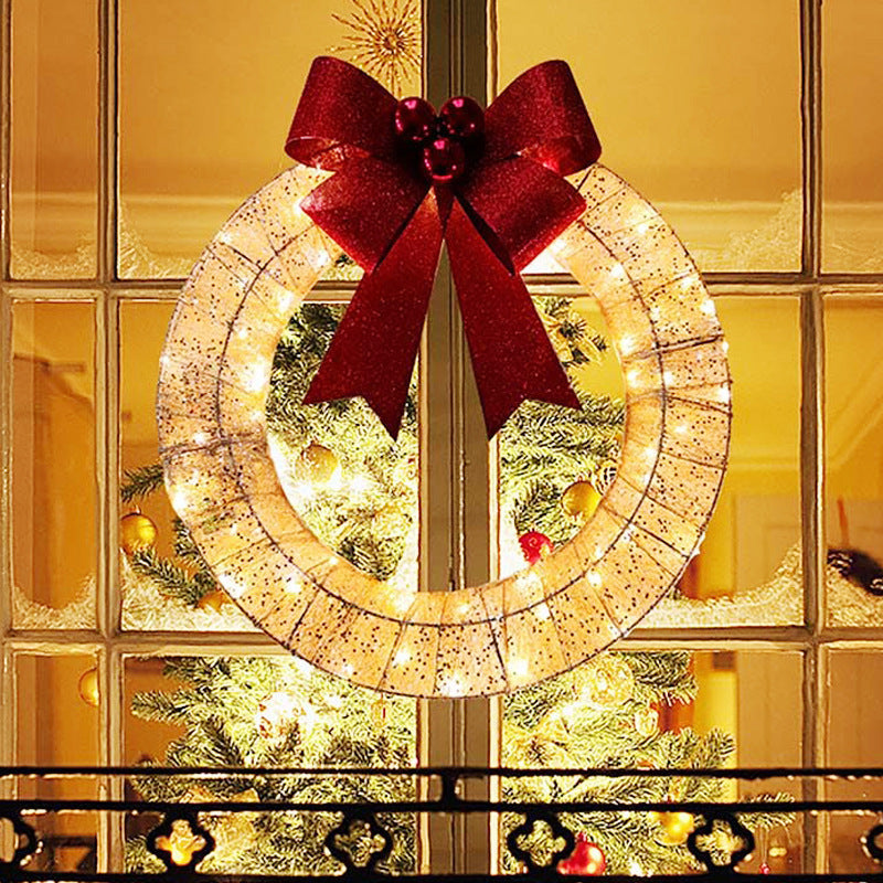 🎄 50cm LED Christmas Garland – Luminous Wreath with Big Bow for Door Décor CJ