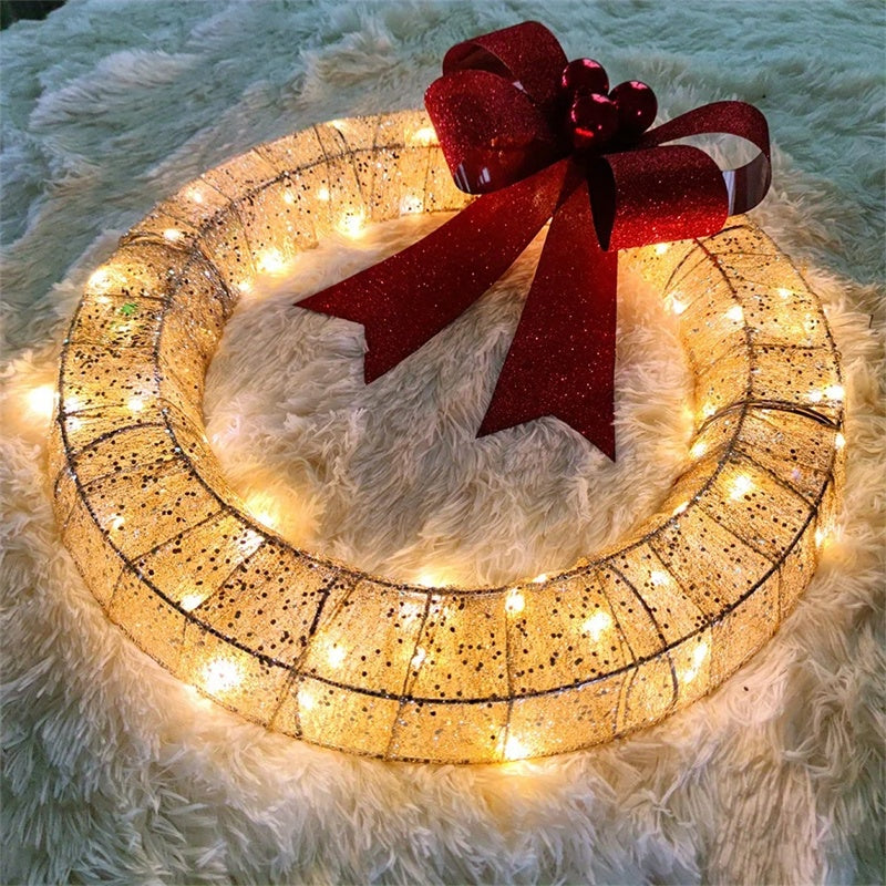 🎄 50cm LED Christmas Garland – Luminous Wreath with Big Bow for Door Décor CJ