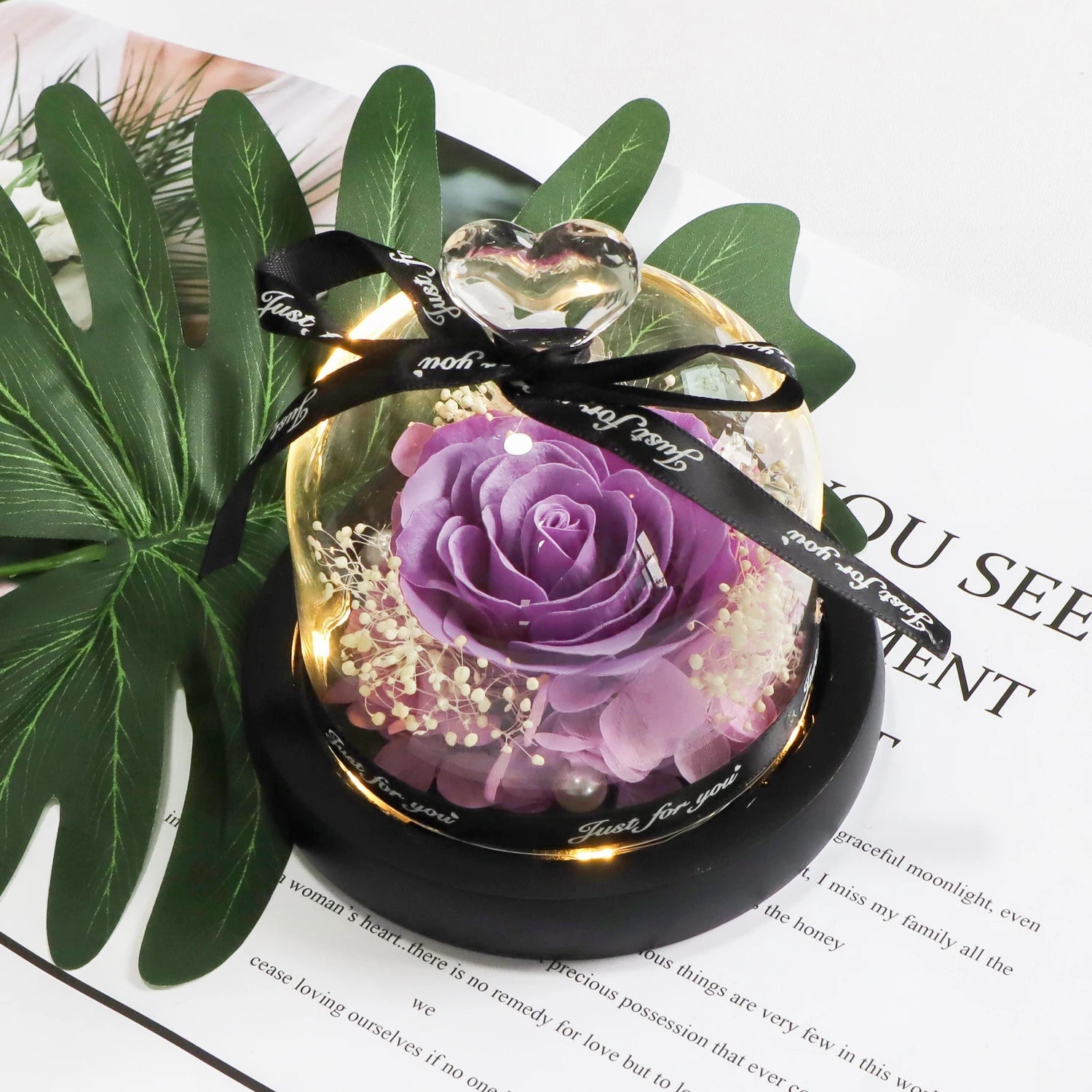 Purple Soap Rose in Glass Dome with LED Light Fusion Gifts