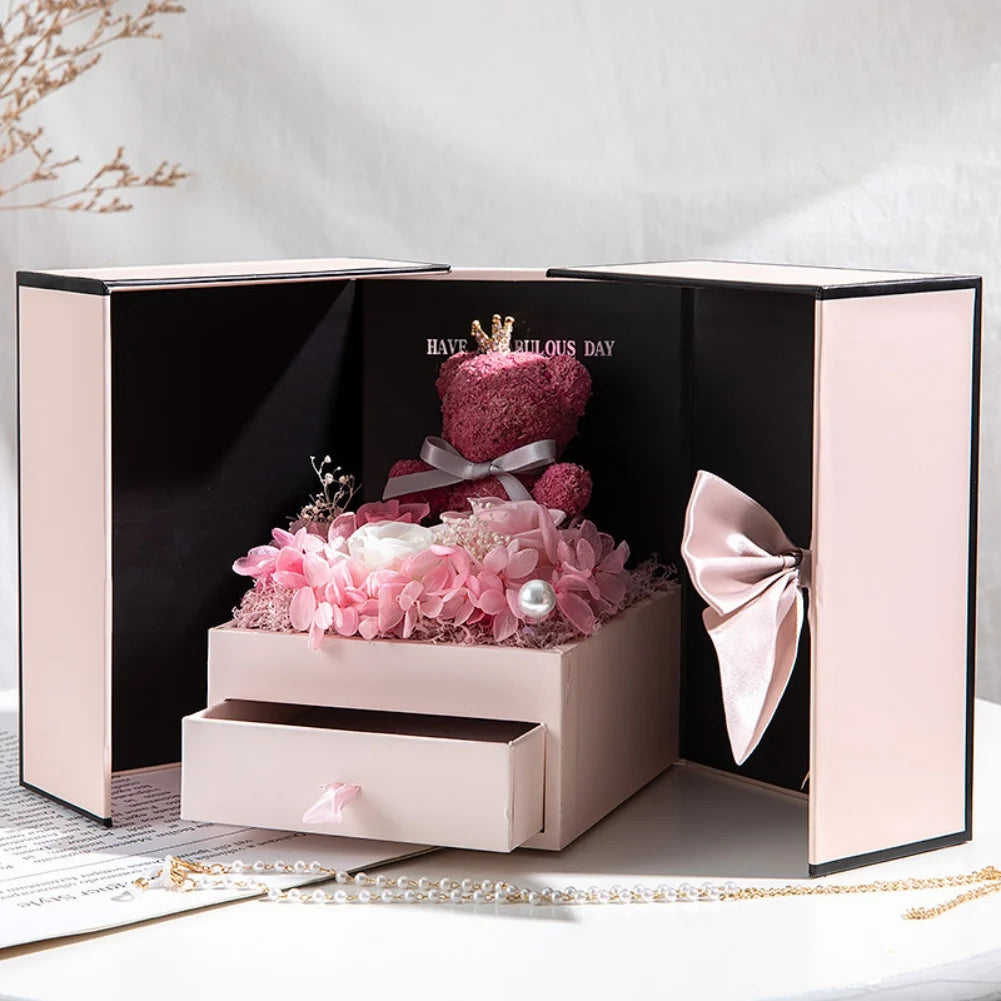 Rose Bear Gift Box with Eternal Rose and Necklace Fusion Gifts