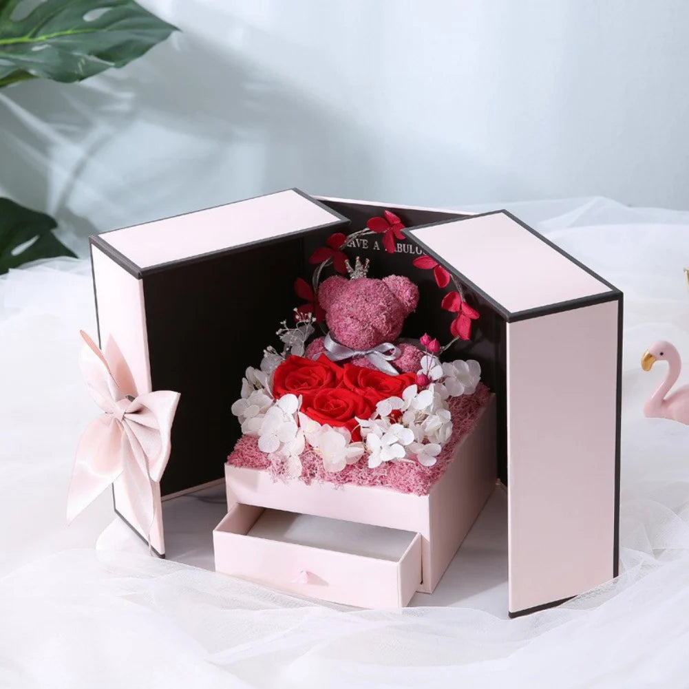 Rose Bear Gift Box with Eternal Rose and Necklace Fusion Gifts