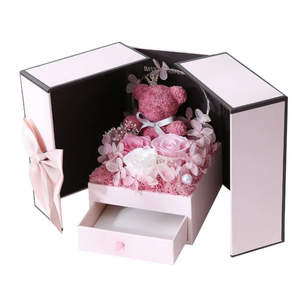 Rose Bear Gift Box with Eternal Rose and Necklace Fusion Gifts