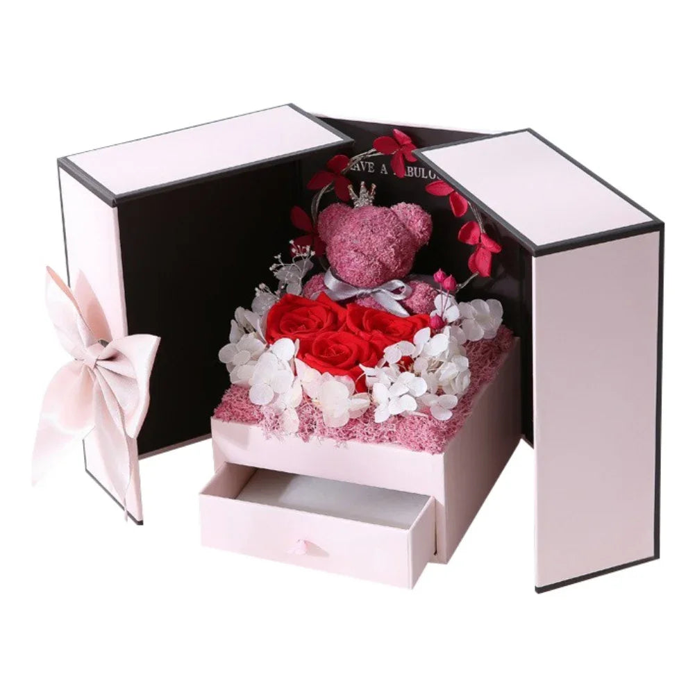 Rose Bear Gift Box with Eternal Rose and Necklace Fusion Gifts