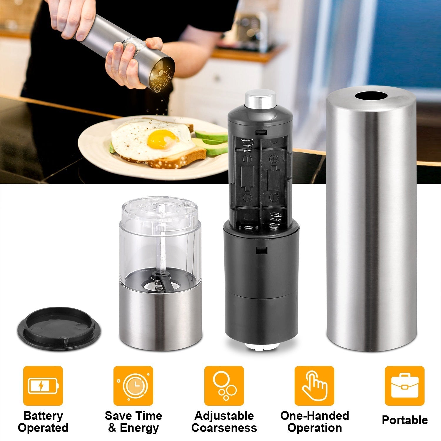 🧂 Electric Salt & Pepper Grinder – Adjustable Coarseness, Battery-Powered CJ US