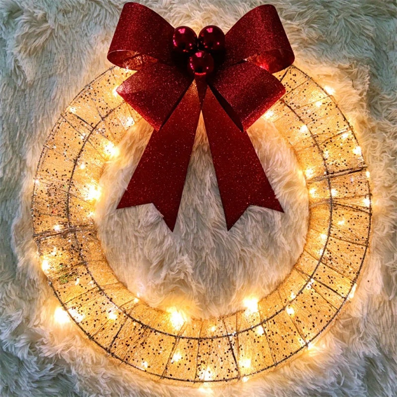 🎄 50cm LED Christmas Garland – Luminous Wreath with Big Bow for Door Décor CJ